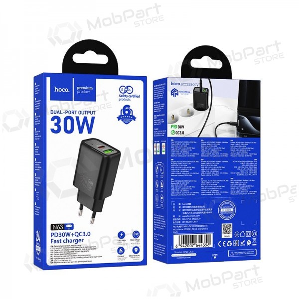 Nabíječka telefonu Hoco N63 30 W GaN USB-C + USB-A černá