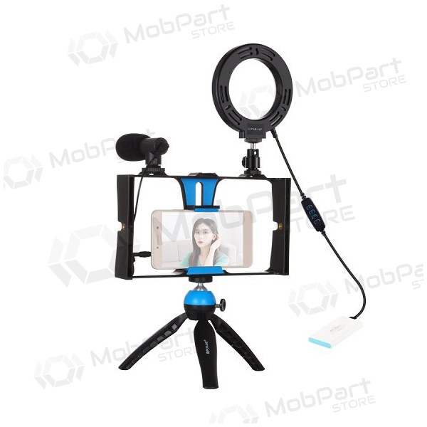 Blogerio rinkinys su LED žiedine svítilna, stovu, telefono laikikliu a mikrofonu