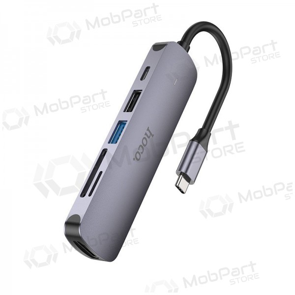 USB-C adaptér Hoco HB28 USB-C na HDMI + USB 3.0 + USB 2.0 + SD + TF + PD šedý