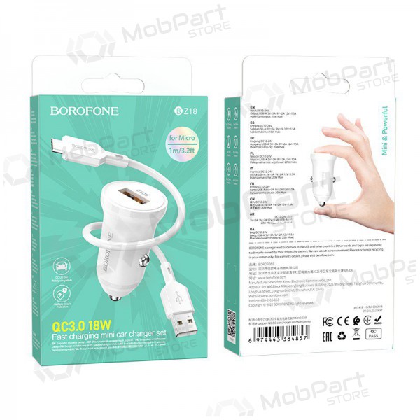 Nabíječka automobilinis Borofone BZ18 Quick Charge 3.0 18W + MicroUSB (bílý)