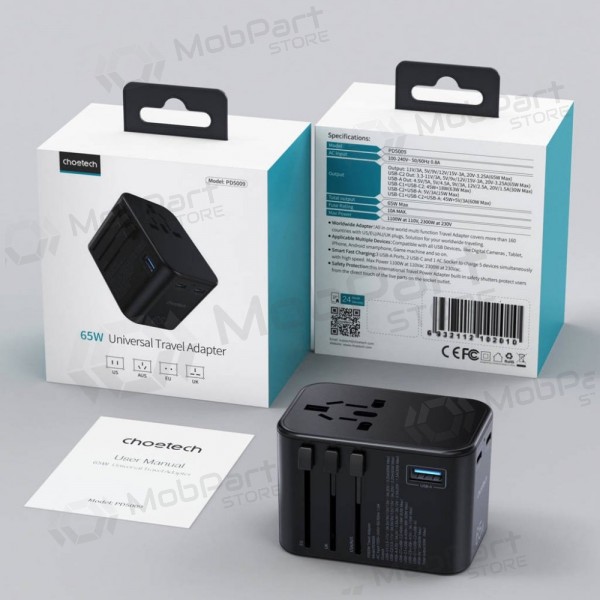 Univerzální kelioninis nabíječka Choetech PD5009 65W 2xUSB-C/USB-A černá