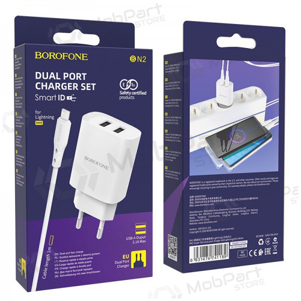 Nabíječka Borofone BN2 2xUSB 2.1A + Lightning (bílý)