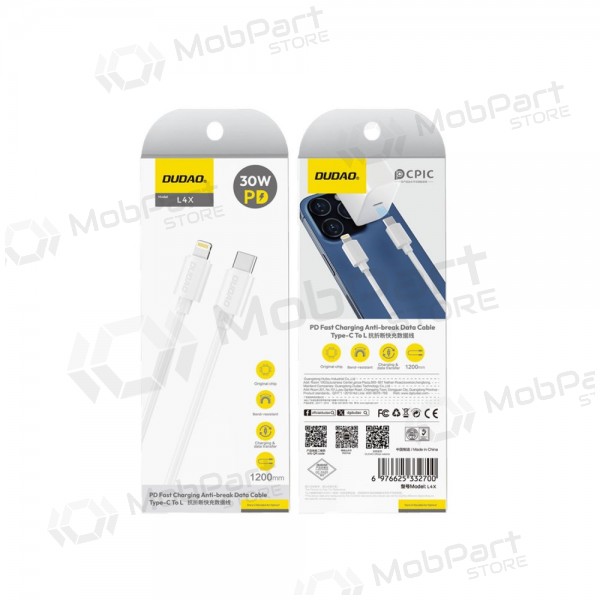 Lightning kabel Dudao L4X USB-C na Lightning 1.2 m 30 W bílý