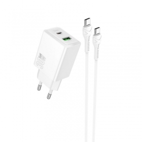 Nabíječka telefonu Hoco N71 30 W GaN USB-C + USB-A s kabelem USB-C 1 m bílá