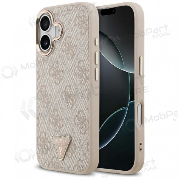 Apple iPhone 17 obal - Guess PU Leather 4G Strass Triangle Logo Gold Frame MagSafe (růžový)