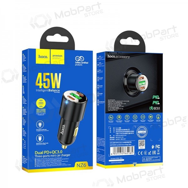 Nabíječka do auta Hoco NZ6 45 W PD 2x USB-C + USB-A černá