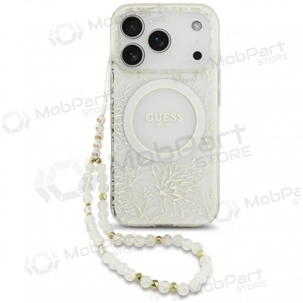 Obal Apple iPhone 18 Pro - Guess IML Flowers Allover Strap MagSafe (bílý)