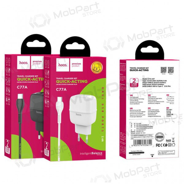 Nabíječka HOCO C77A Highway Dual USB + type-C kabel (5V 2.4A) (černá)