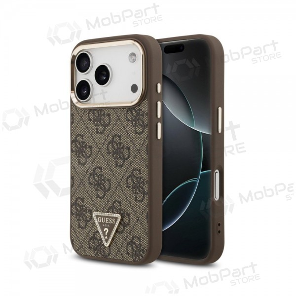 Obal Apple iPhone 18 Pro - Guess PU Leather 4G Strass Triangle Logo Gold Frame MagSafe (hnědý)