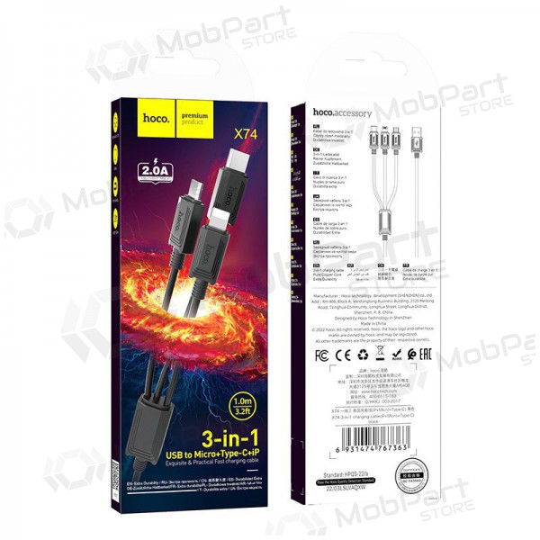 USB kabel Hoco X74 3in1 microUSB-Lightning-Type-C 1.0m (černá)