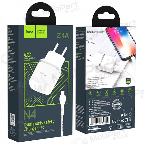Nabíječka Hoco N4 X 2 USB  jungtimis + Lightning (2.4A) (bílý)