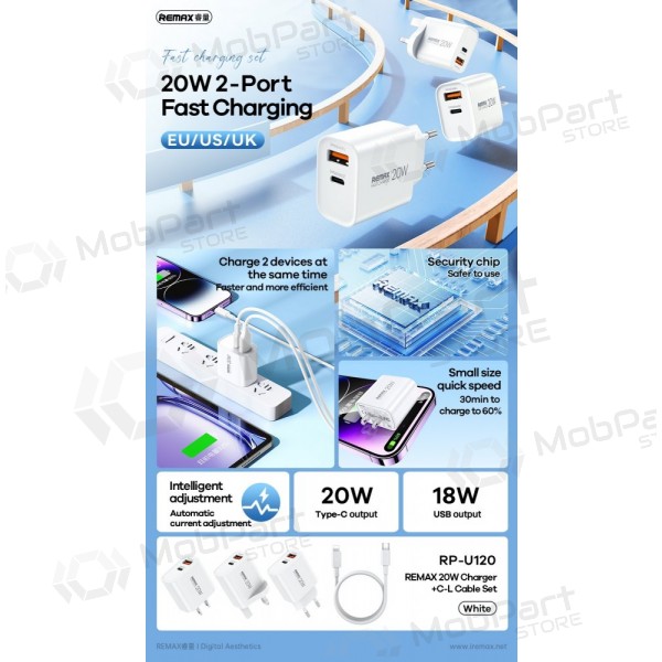 Nabíječka telefonu Remax RP-U120 20 W USB-C + USB-A s kabelem Lightning 1 m bílá