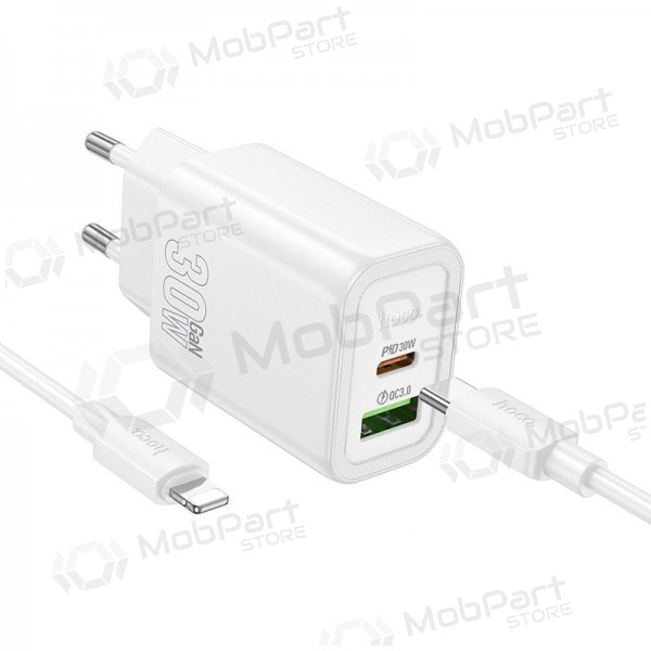 Nabíječka telefonu Hoco N63 30 W GaN USB-C + USB-A s kabelem Lightning 1 m bílá