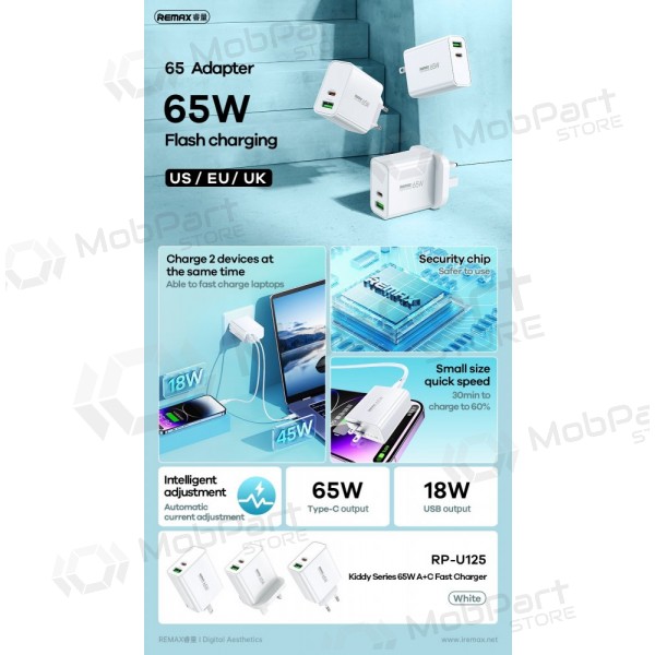 Nabíječka Remax RP-U125 65W GaN USB-C/USB-A bílý