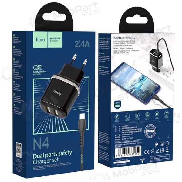 Nabíječka HOCO N4 Aspiring Dual USB + type-C kabel (5V 2.4A) (černá)