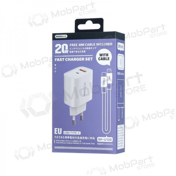 Nabíječka telefonu Remax RP-U120 20 W USB-C + USB-A s kabelem Lightning 1 m bílá
