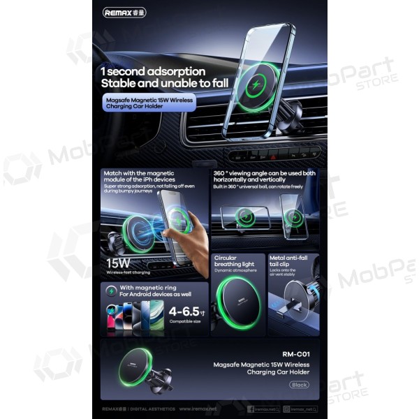 Automobilinis laikiklis-nabíječka Remax RM-C01 MagSafe 15W černá