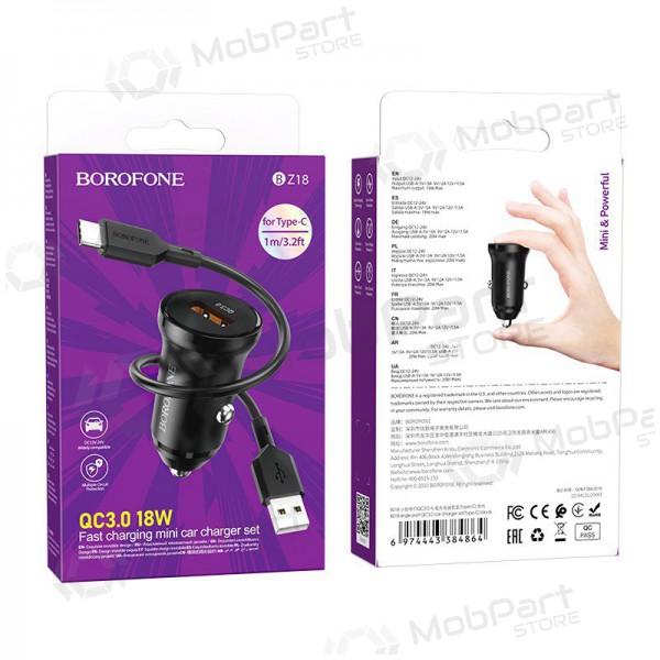 Nabíječka automobilinis Borofone BZ18 Quick Charge 3.0 18W + Type-C (černá)