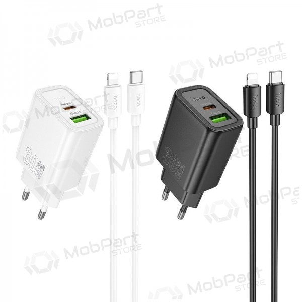 Nabíječka telefonu Hoco N63 30 W GaN USB-C + USB-A s kabelem Lightning 1 m bílá