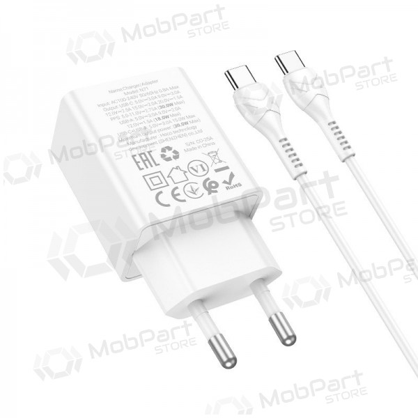 Nabíječka telefonu Hoco N71 30 W GaN USB-C + USB-A s kabelem USB-C 1 m bílá