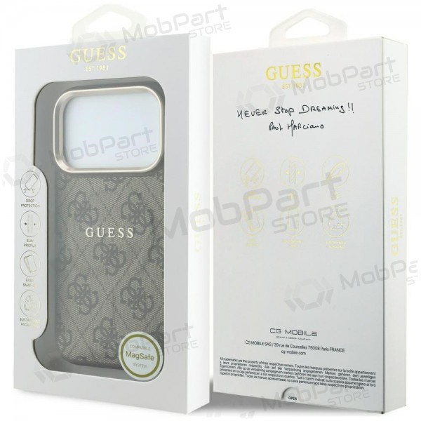 Apple iPhone 18 Pro Max obal - Guess PU Leather 4G Gold Frame Embossed MagSafe (hnědý)