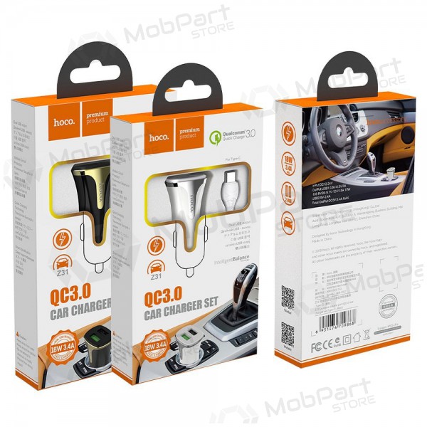 Nabíječka automobilinis Hoco Z31 Quick Charge 3.0 (3.4A) x 2 USB + Type-C (bílý)