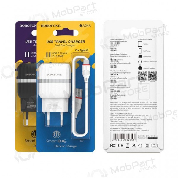 Nabíječka BOROFONE BA24A Vigour Dual USB + Type-C kabel (5V 2.4A) (černá)