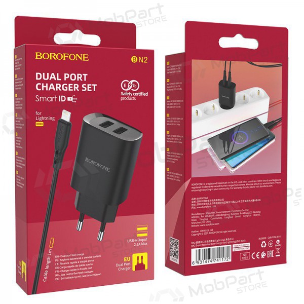 Nabíječka Borofone BN2 2xUSB 2.1A + Lightning (černá)