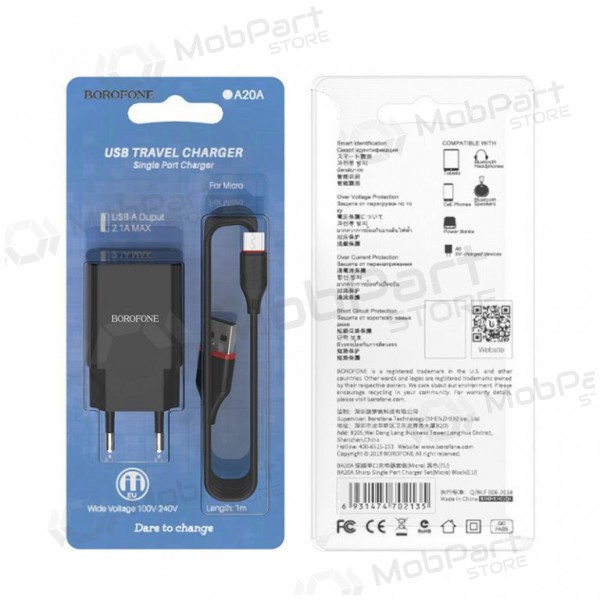 Nabíječka BOROFONE BA20A Sharp USB + microUSB kabel (5V 2.1A) (černá)