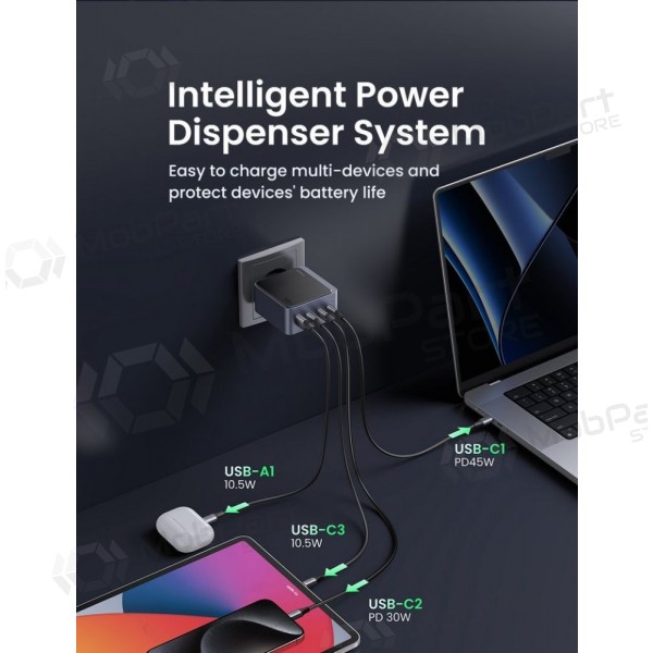 Síťová nabíječka Ugreen X565 100 W GaN 3x USB-C + USB-A šedá