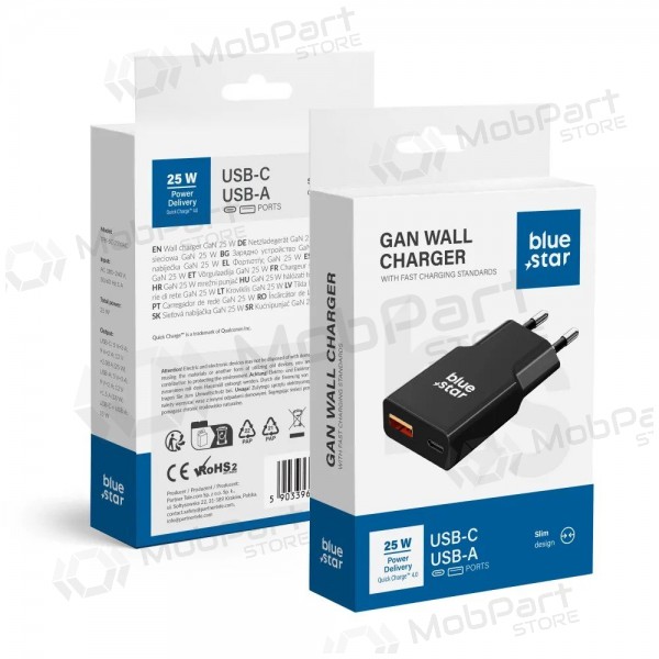 Nabíječka telefonu Blue Star Slim 25 W GaN USB-C + USB-A černá