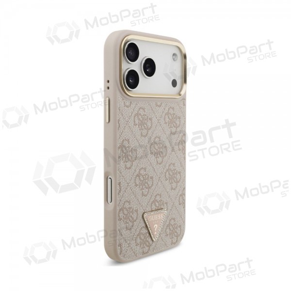 Obal pro Apple iPhone 18 Pro - Guess PU Leather 4G Strass Triangle Logo Gold Frame MagSafe (růžový)
