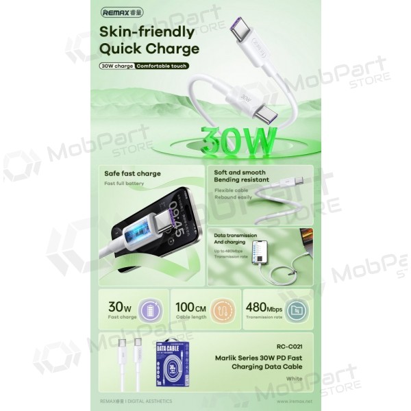 USB kabel Remax RC-C021 USB-C to USB-C 30W 1.0m bílý