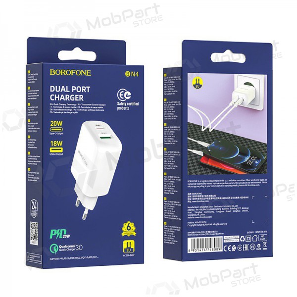 Nabíječka Borofone BN4 1xUSB, 1xType-C QC 3.0, PD 2.0 20W (bílý)