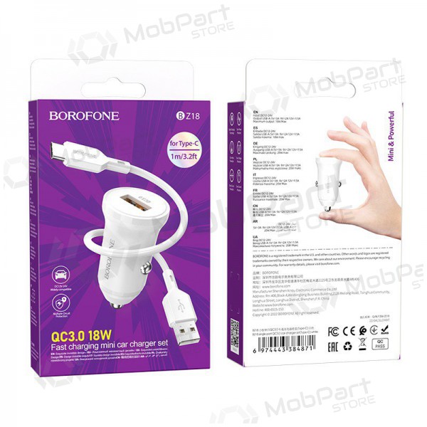 Nabíječka automobilinis Borofone BZ18 Quick Charge 3.0 18W + Type-C (bílý)