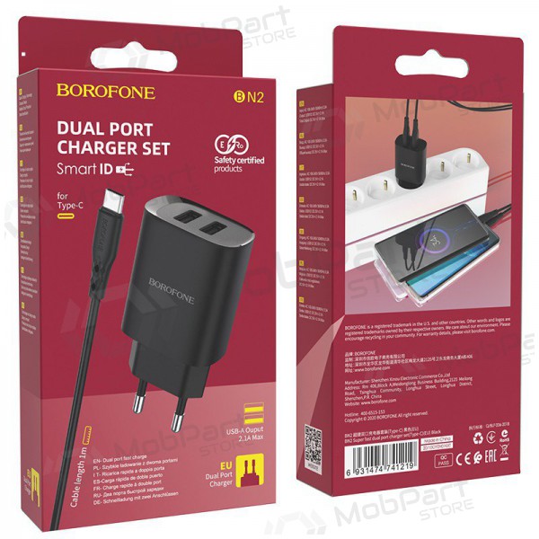 Nabíječka Borofone BN2 2xUSB 2.1A + USB Type-C (černá)