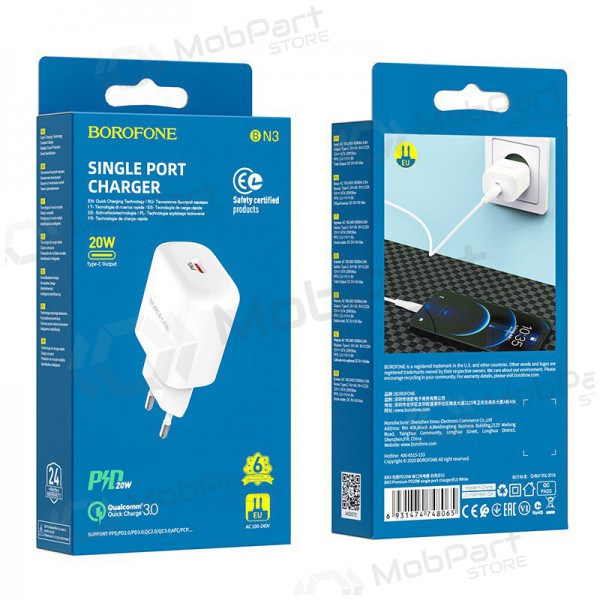 Nabíječka Borofone BN3 Type-C QC 3.0, PD 2.0 20W (bílý)