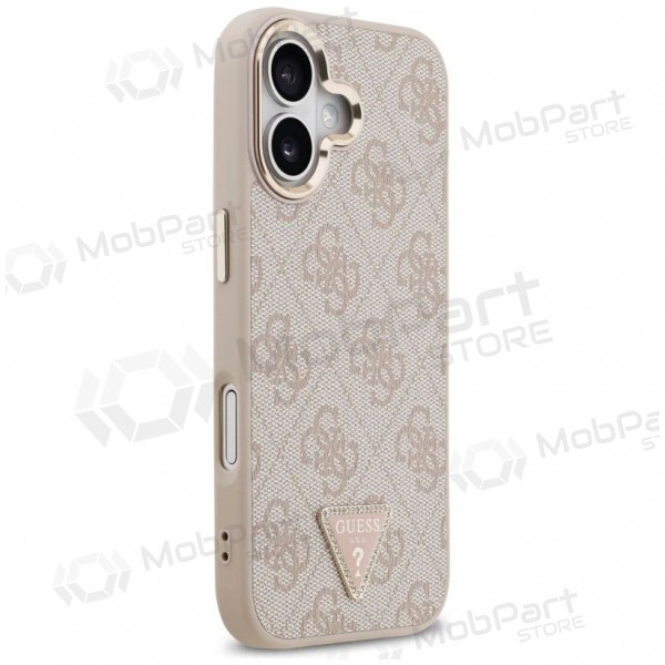 Apple iPhone 17 obal - Guess PU Leather 4G Strass Triangle Logo Gold Frame MagSafe (růžový)