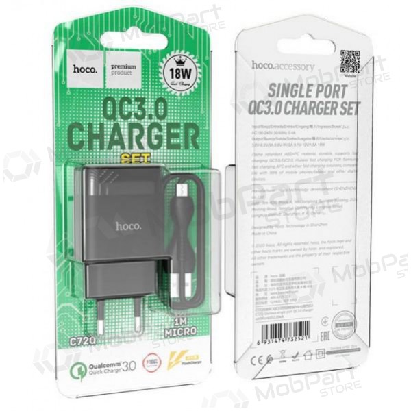 Nabíječka HOCO C72Q Glorious USB + microUSB kabel (QC3.0) (černá)