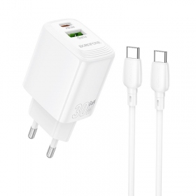 Nabíječka telefonu Borofone BN29 30 W USB-C + USB-A s kabelem USB-C 1 m bílá