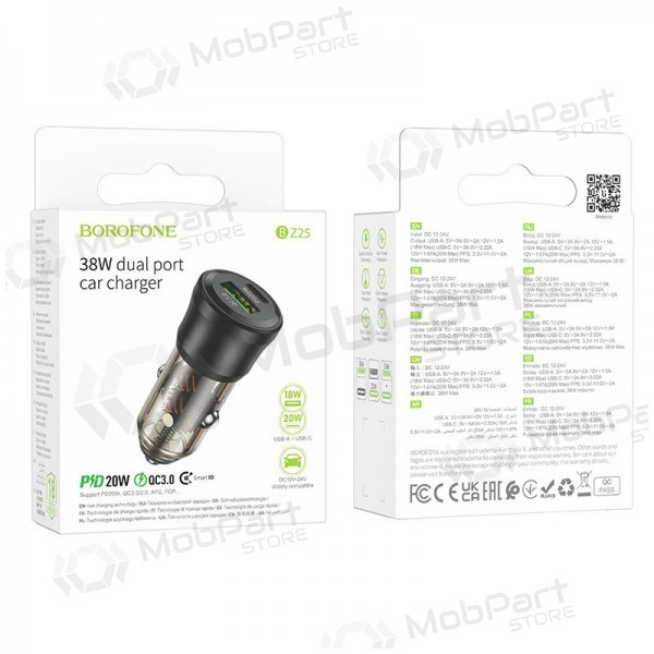 Automobilová nabíječka Borofone BZ25 38 W USB-C + USB-A PD QC černá