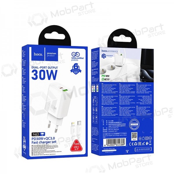 Nabíječka telefonu Hoco N63 30 W GaN USB-C + USB-A s kabelem Lightning 1 m bílá