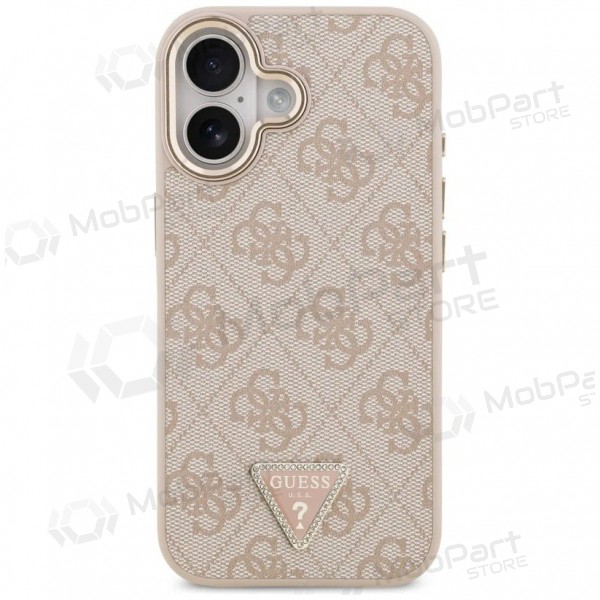 Apple iPhone 17 obal - Guess PU Leather 4G Strass Triangle Logo Gold Frame MagSafe (růžový)