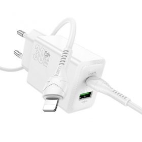 Nabíječka telefonu Hoco N71 30 W GaN USB-C + USB-A s kabelem Lightning 1 m bílá