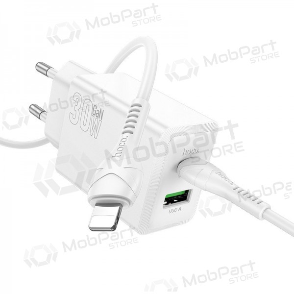Nabíječka telefonu Hoco N71 30 W GaN USB-C + USB-A s kabelem Lightning 1 m bílá