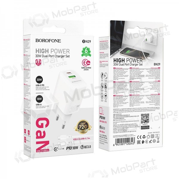 Nabíječka telefonu Borofone BN29 30 W USB-C + USB-A s kabelem USB-C 1 m bílá