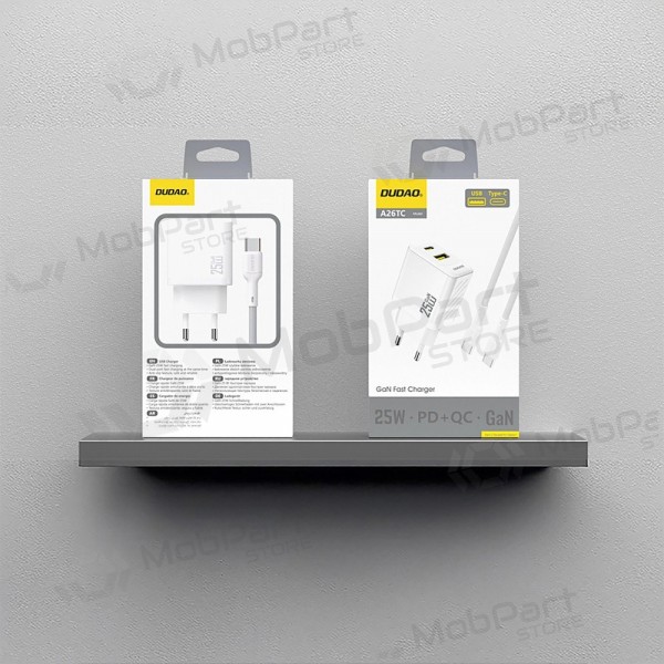 Nabíječka telefonu Dudao A26TC 25 W GaN USB-C + USB-A s kabelem USB-C 1 m bílá