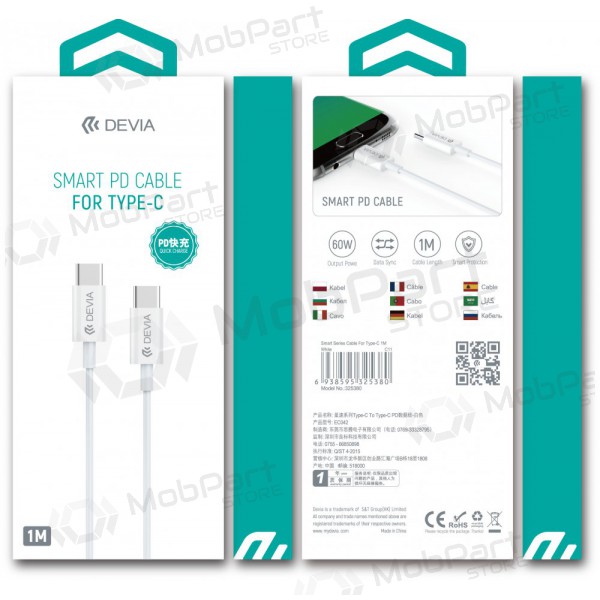 USB kabel Devia Smart PD Type-C - Type-C 20V 3.0A 60W (bílý)