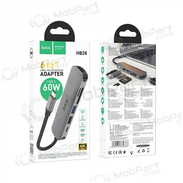 USB-C adaptér Hoco HB28 USB-C na HDMI + USB 3.0 + USB 2.0 + SD + TF + PD šedý