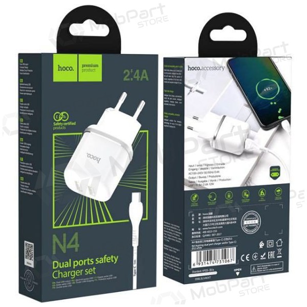 Nabíječka HOCO N4 Aspiring Dual USB + type-C kabel (5V 2.4A) (bílý)